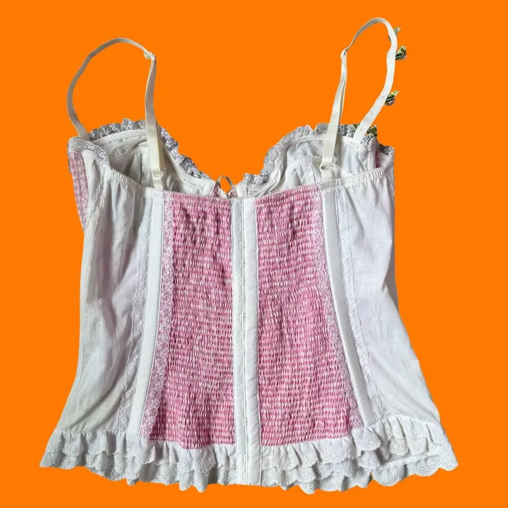 00's vintage gingham eyelet lace corset top y2k lingerie set Size 34 S/M - Picture 4 of 10